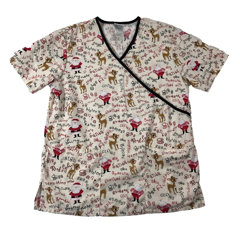 Rudolph The Red-Nosed Reindeer Scrub Top Women's Small Off White Short Sleeve